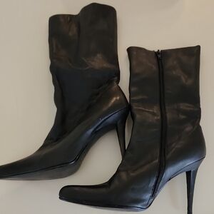 Colin Stuart Black Leather Pointed-Toe Stiletto Mid-Calf Boots